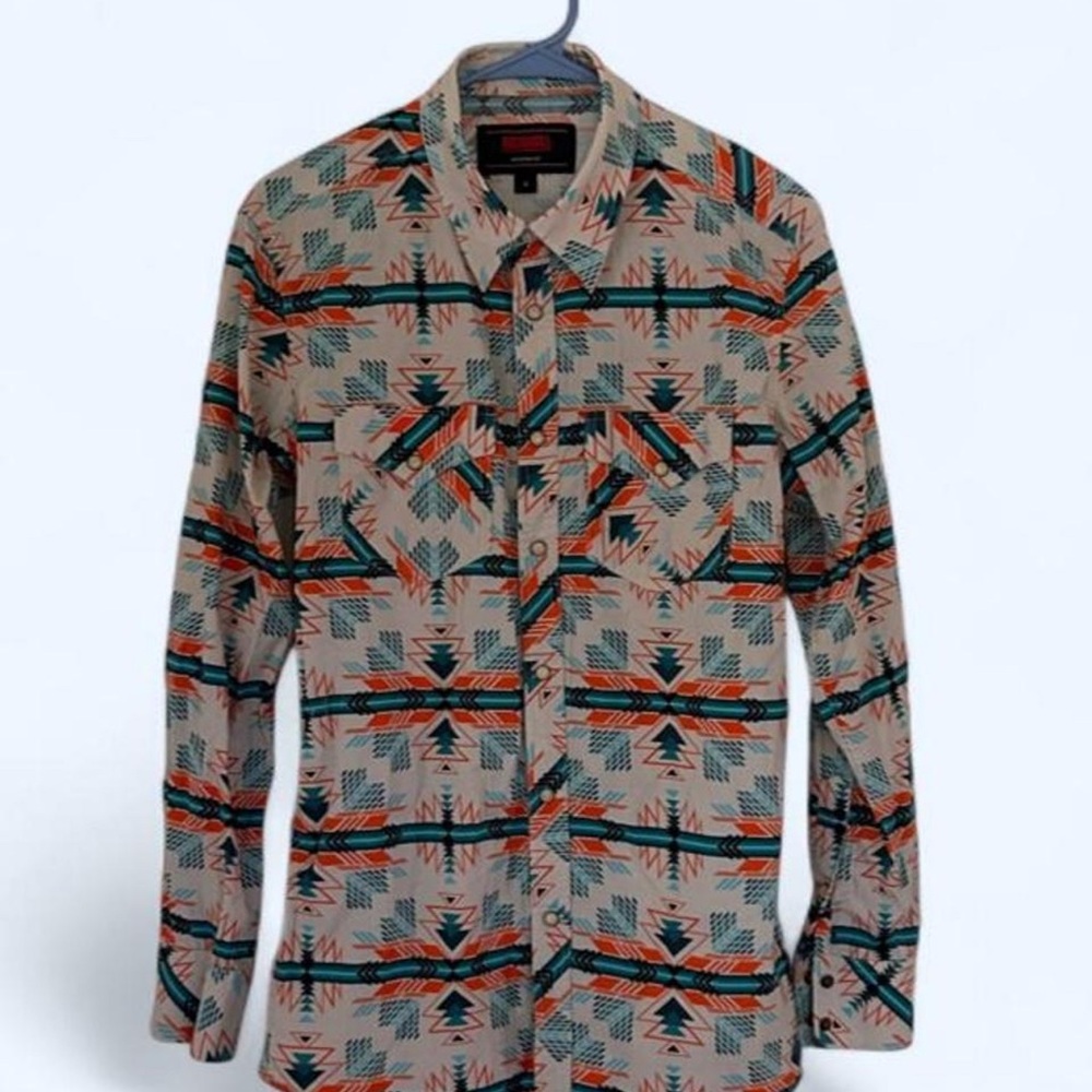 Men's Beige Aztec-Print Long Sleeve Button-Down Shirt
